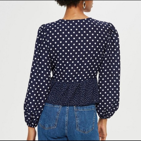 Topshop Navy Blue Mixed Polka Dot Wrap Blouse - Picture 3 of 8